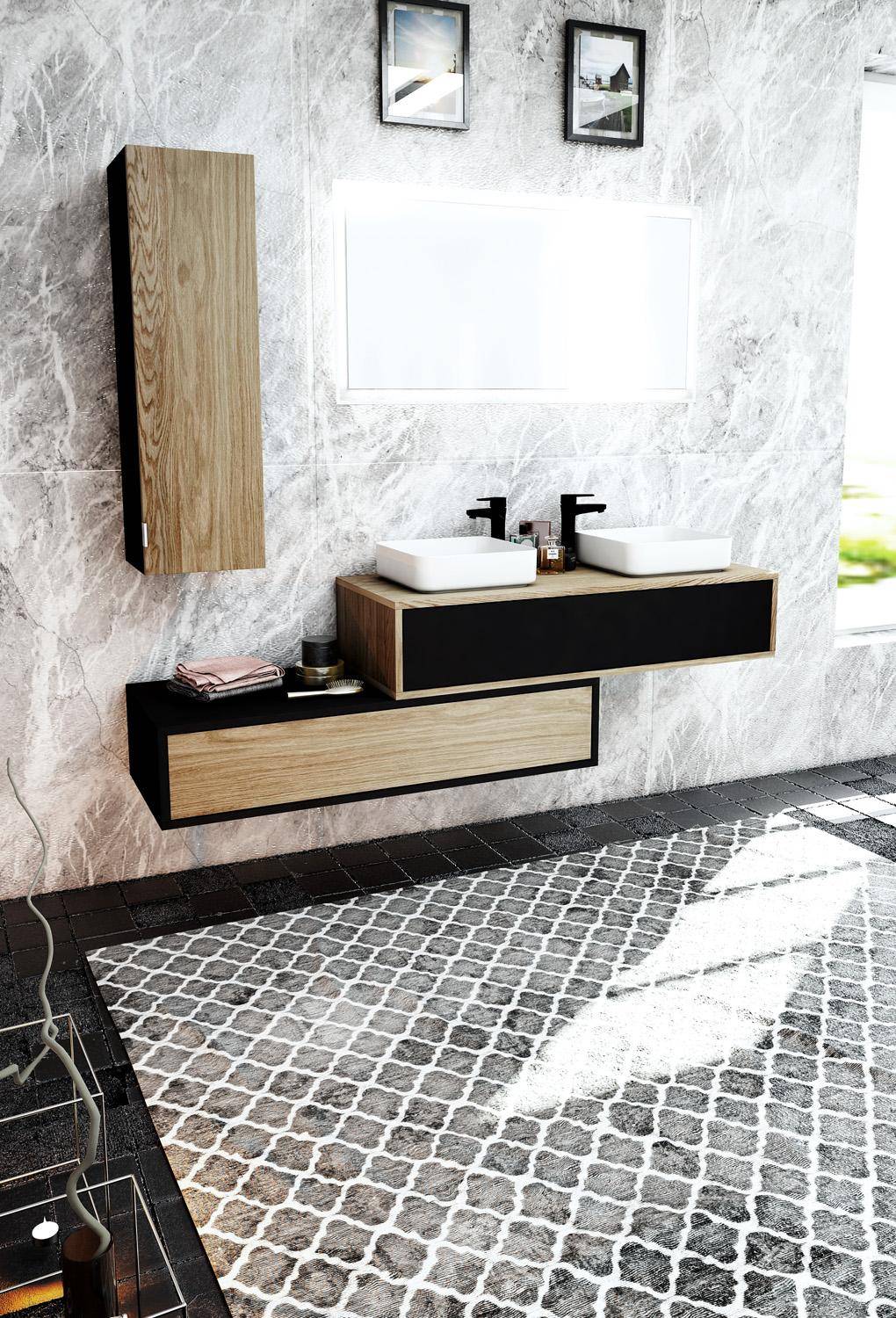 Meuble pour salle de bain contemporain noir et chêne sur mesure de marque française modèle Dellen Double